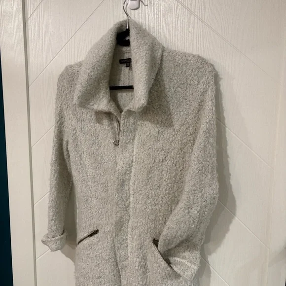 Robert kitchen canads boucle knit cardigan sweater coat winter white/faux Sherpa - Picture 3 of 9